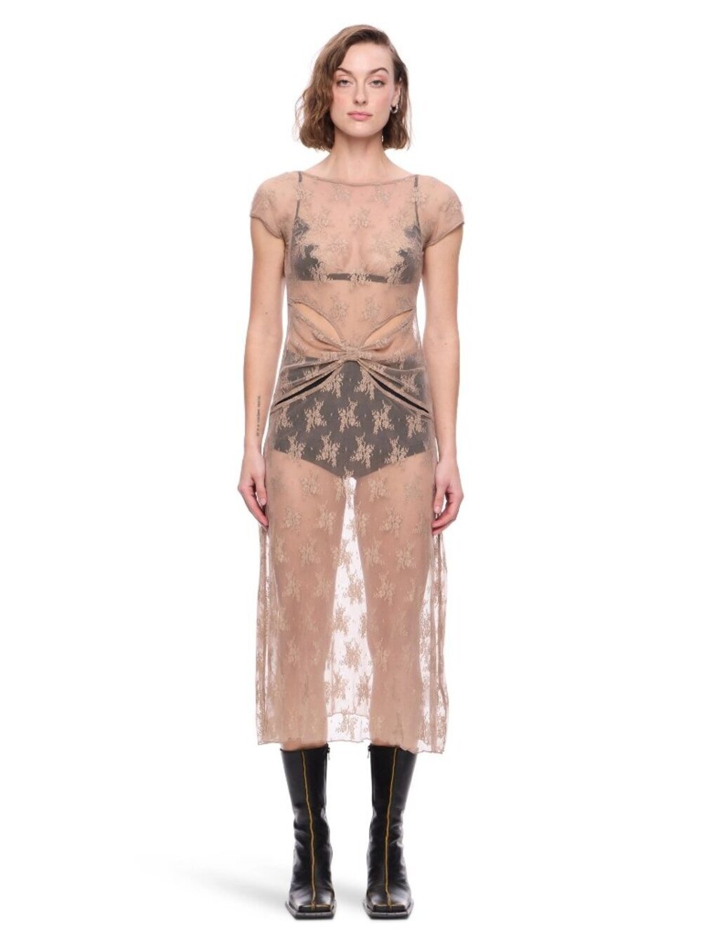 Second Skin Flora Lace Bow Dress Size XS Sand Sheer Lace Midi Open Back
